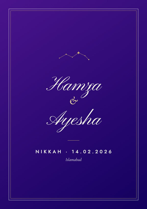 Couple names print: Hamza & Ayesha, Nikkah 14.02.2026, purple