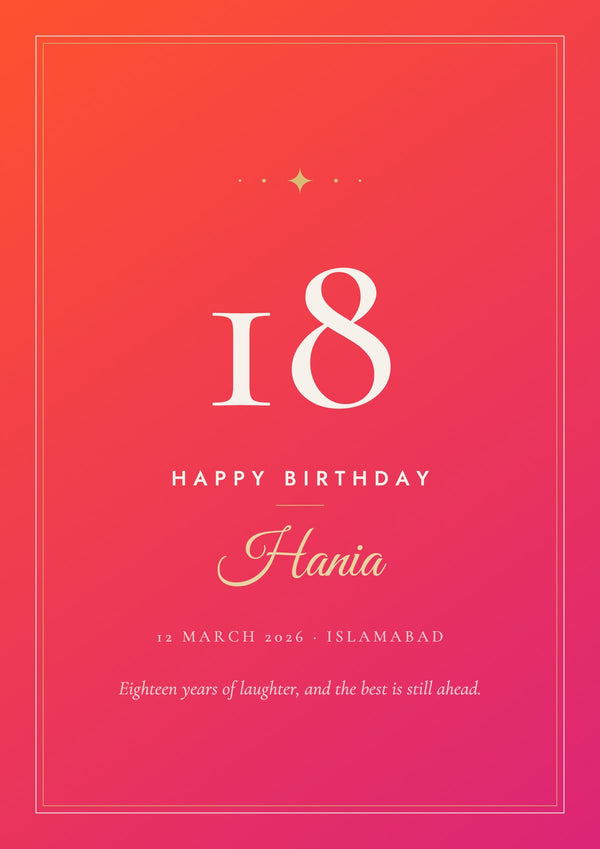 Milestone print: 18, Happy Birthday, Hania, sunset