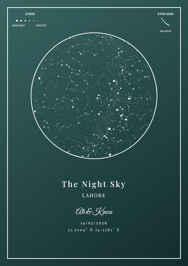 Star map print: The Night Sky over Lahore, Ali & Kinza, aquamarine