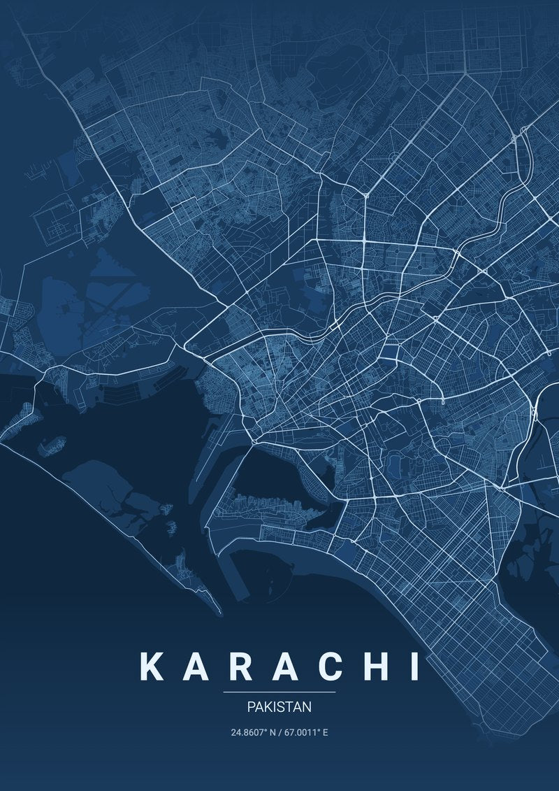 Blueprint blue city map frame of Karachi