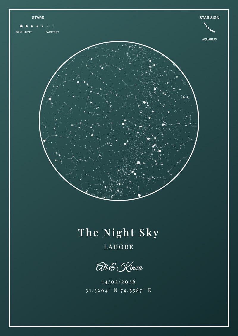 Green star map frame: The Night Sky over Lahore for Ali & Kinza