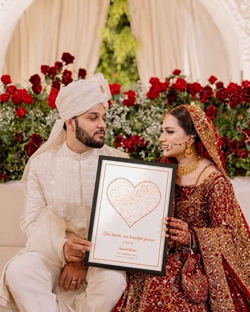 Bride and groom holding a heart star map