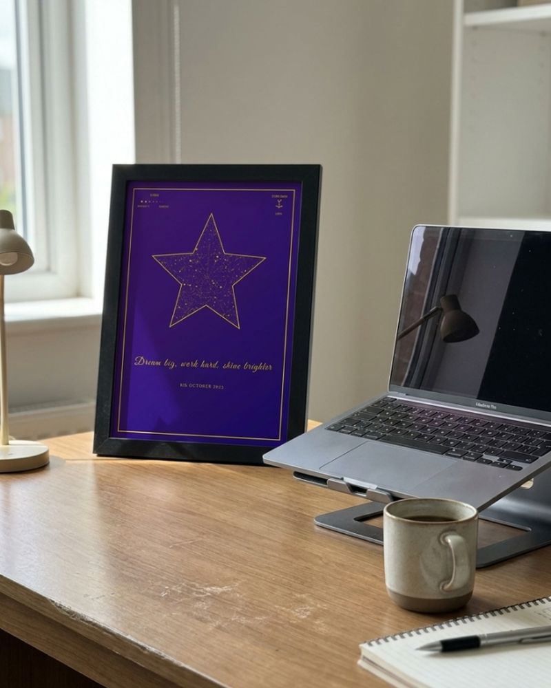 Purple star map on a study desk