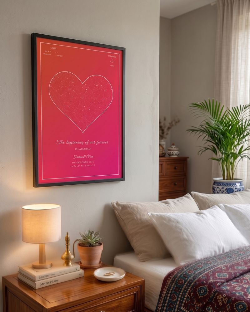 Sunset heart star map above a bed