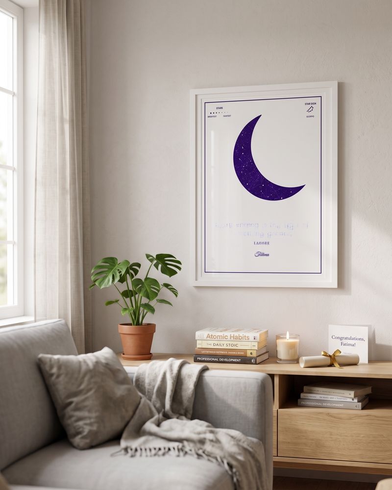 Moon star map in a white frame in a living room